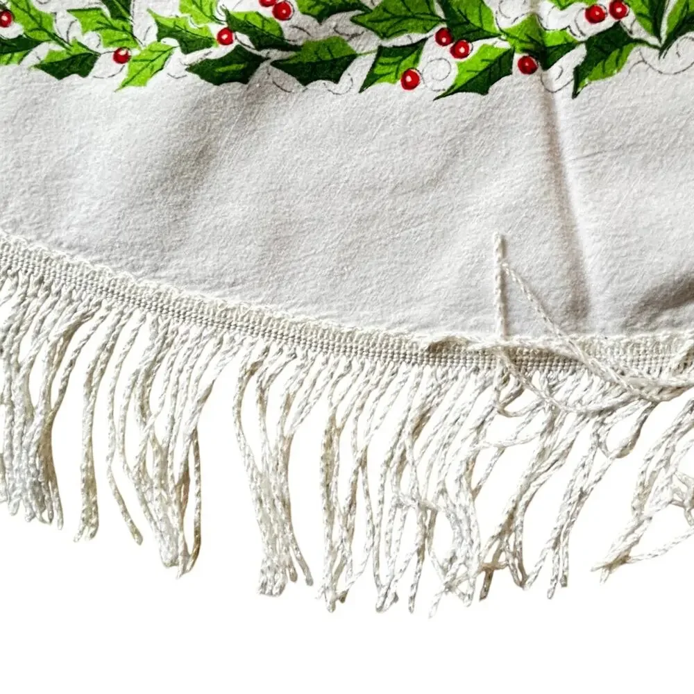 Vintage Christmas tablecloth printed cotton round soft fringe red green festive